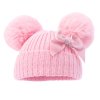 H678-P: Pink Hat w/Pom Poms & Velvet Bow (0-12 Months)